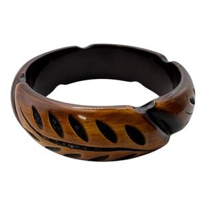 Carved Wooden Bangle Bracelet‎ Brown Black Inlay Wide Cuff 2.75” Inner